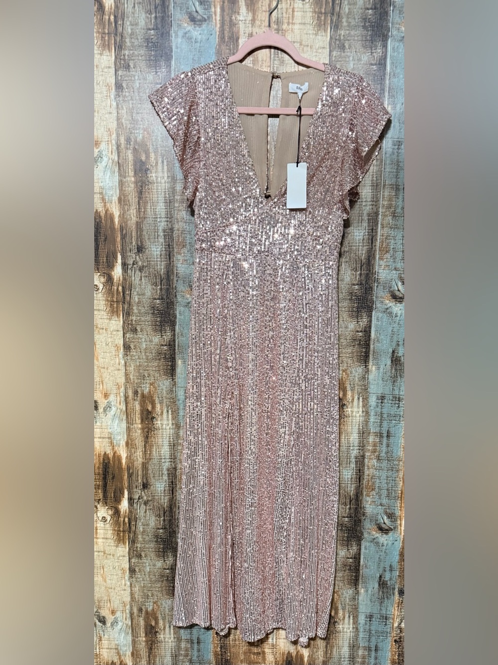 Sequined Champagne Maxi Dress with V-Neck